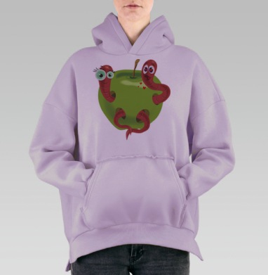 Зелёное яблоко с влюблёнными червяками любви, Hoodie Oversize Fiolet, утепленная