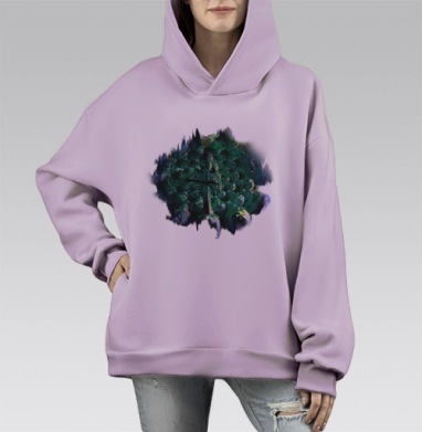 Зеленый скелет среди черепов в символике жизни смерти, Hoodie Mono Fiolet, оверсайз, утепленная