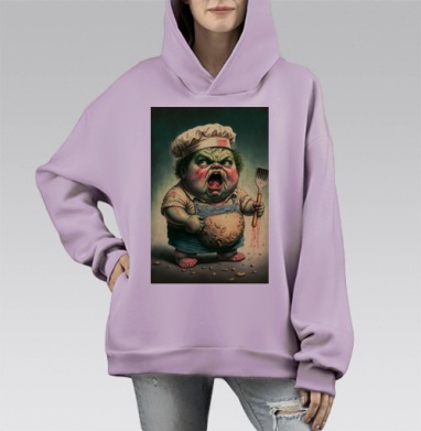Зеленый злой ребенок повар в фартуке с лопаткой, Hoodie Mono Fiolet, оверсайз, утепленная