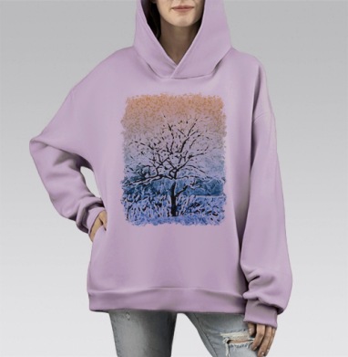 Зимнее дерево снег тишина, Hoodie Mono Fiolet, оверсайз, утепленная
