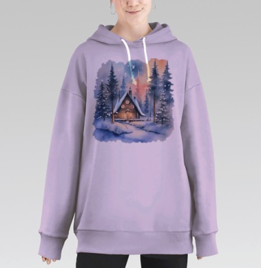 Зимний лесной домик уединение в снежном лесу, Hoodie Long Oversize Fiolet
