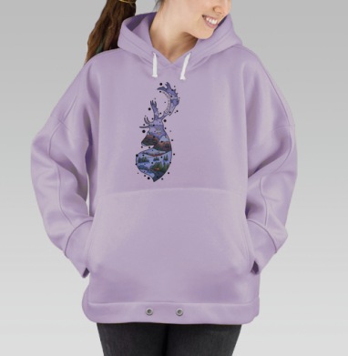 Зимний лесной олень с домом внутри силуэта оленя, Hoodie Oversize Fiolet