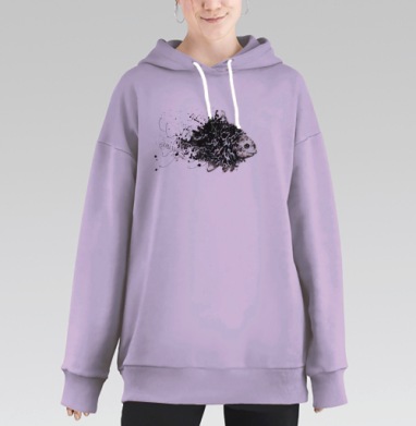 Абстрактная черно-белая рыба в динамике распада и трансформации, Hoodie Long Oversize Fiolet