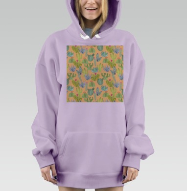 Акварельные зелёные кактусы на светлом песчаном фоне, Hoodie Mjhigh Dig Mel, Fiolet, утепленная