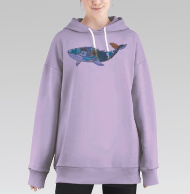 Акварельный механический кит в холодных оттенках с узорами, Hoodie Long Oversize Fiolet