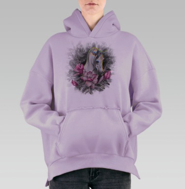 Белая лошадь с пурпурной магнолией для свободных духом, Hoodie Oversize Fiolet, утепленная