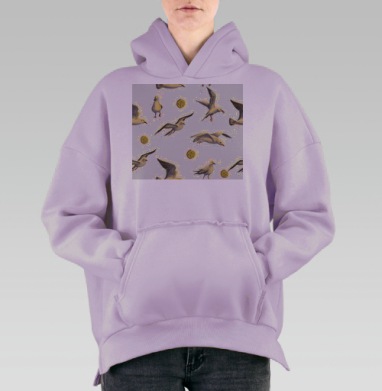 Белые чайки с кексами в полете на белом фоне, Hoodie Oversize Fiolet, утепленная
