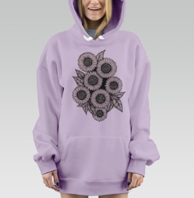 Букет подсолнухов в монохромной технике с листьями, Hoodie Mjhigh Dig Mel, Fiolet, утепленная