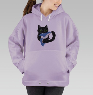 Черная кошка держащая синюю акулу прикольно, Hoodie Oversize Fiolet