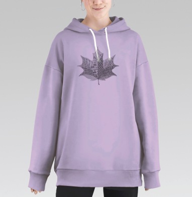 Черно белый кленовый лист с орнаментом зентангл на белом фоне, Hoodie Long Oversize Fiolet
