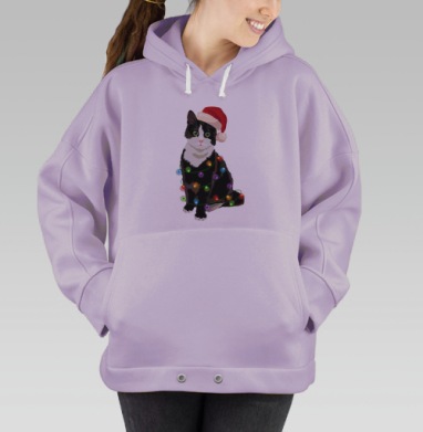 Черно белый кот в рождественском колпаке на морозе, Hoodie Oversize Fiolet