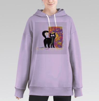 Черный кот с новогодними ленточками Новый год к нам, Hoodie Long Oversize Fiolet