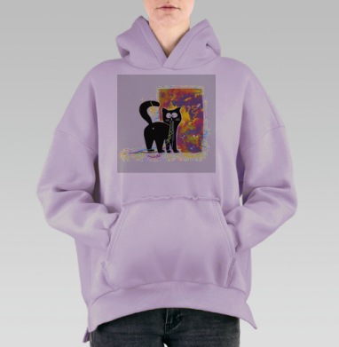 Черный кот с новогодними ленточками Новый год к нам, Hoodie Oversize Fiolet, утепленная