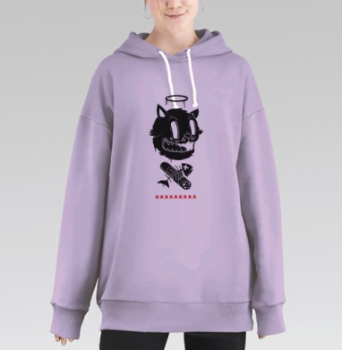 Черный Кот с Рыбой Кресты внизу, Hoodie Long Oversize Fiolet