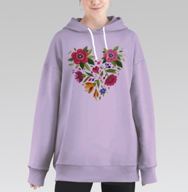 Цветочное сердце из ярких цветов сочное и душевное, Hoodie Long Oversize Fiolet