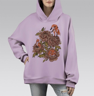 Цветочные лисы, Hoodie Mono Fiolet, оверсайз, утепленная