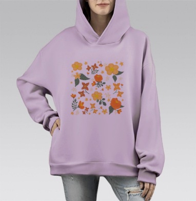 Цветочный паттерн желтый, Hoodie Mono Fiolet, оверсайз, утепленная