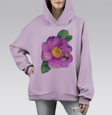Цветок шиповника и шмель, Hoodie Mono Fiolet, оверсайз, утепленная