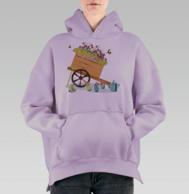Цветущая садовая тележка с цветами и пчелами, Hoodie Oversize Fiolet, утепленная