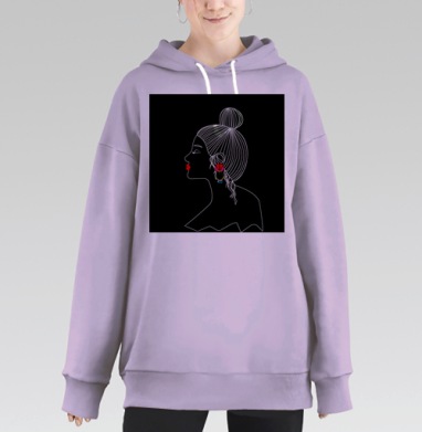 Девушка на черном фоне с цветной серьгой и красной помадой, Hoodie Long Oversize Fiolet
