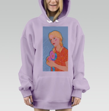 Девушка с единорогом в нежных теплых тонах на голубом фоне, Hoodie Mjhigh Dig Mel, Fiolet, утепленная