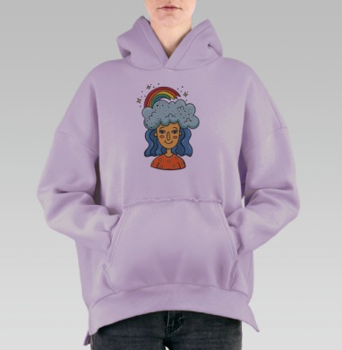 Девушка с радугой и облаком над головой дудл стиль, Hoodie Oversize Fiolet, утепленная