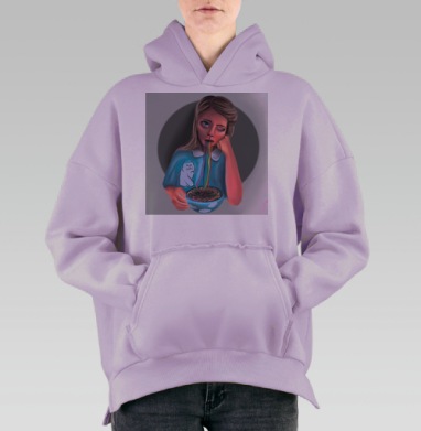 Девушка с разноцветной лапшой в голубой кофте усталая девушка, Hoodie Oversize Fiolet, утепленная