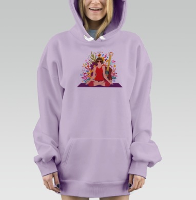 Девушка в красном медитирует с гитарой и яркими нотами, Hoodie Mjhigh Dig Mel, Fiolet, утепленная