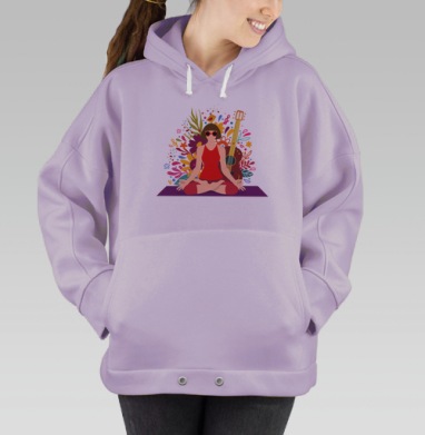 Девушка в красном медитирует с гитарой и яркими нотами, Hoodie Oversize Fiolet