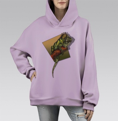 Реалистичная иллюстрация зеленой игуаны на ветке, Hoodie Mono Fiolet, оверсайз, утепленная