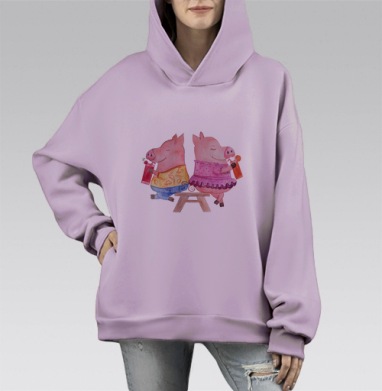 Две свинки пьют сок символ семьи и уюта, Hoodie Mono Fiolet, оверсайз, утепленная