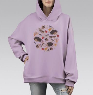Декоративная сцена с милыми осенними ёжиками, Hoodie Mono Fiolet, оверсайз, утепленная