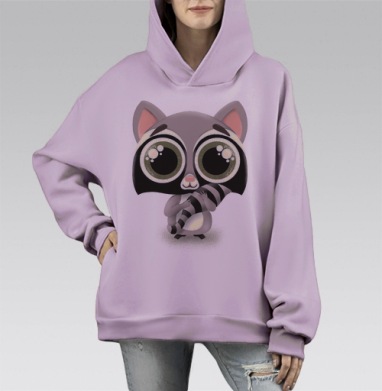Енот с большими глазами, Hoodie Mono Fiolet, оверсайз, утепленная