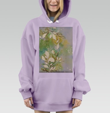 Гармоничные листья зелёный золотой акварель плавность воздушность, Hoodie Mjhigh Dig Mel, Fiolet, утепленная