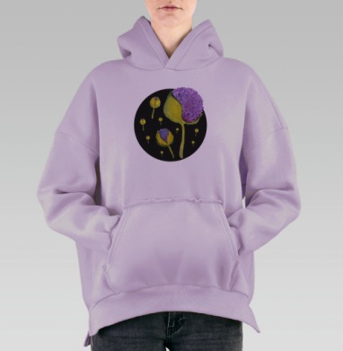 Желто сиреневый развивающийся цветок крупный на фоне, Hoodie Oversize Fiolet, утепленная