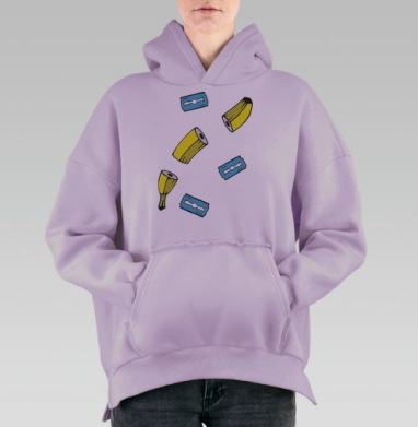 Желтый Банан Резаный Бритвами Персиковый фон, Hoodie Oversize Fiolet, утепленная