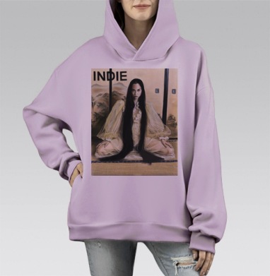 Женщина в длинном платье с длинными волосами сидит на полу, Hoodie Mono Fiolet, оверсайз, утепленная