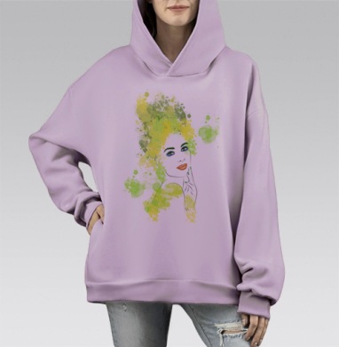 Женское лицо зелёные акварельные мазки и брызги, Hoodie Mono Fiolet, оверсайз, утепленная