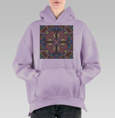 Геометрическая симметрия с абстрактными зигзагами на сложном орнаменте, Hoodie Oversize Fiolet, утепленная