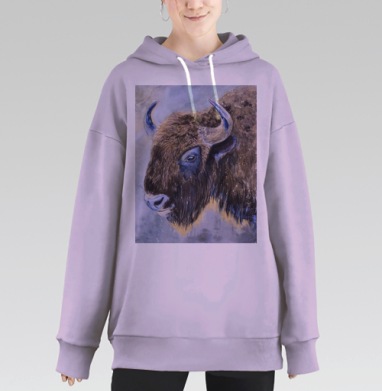 Голова Буйвола Серо Синий Коричневый Акварель, Hoodie Long Oversize Fiolet