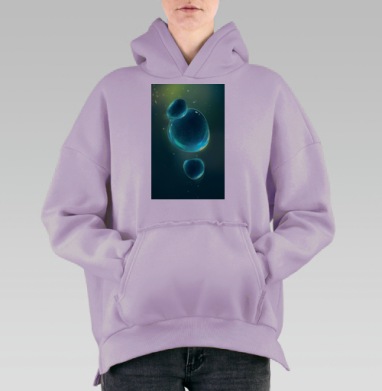 Голубые капли жидкости с эффектом свечения на темном фоне, Hoodie Oversize Fiolet, утепленная