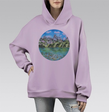 Горы и озеро, Hoodie Mono Fiolet, оверсайз, утепленная