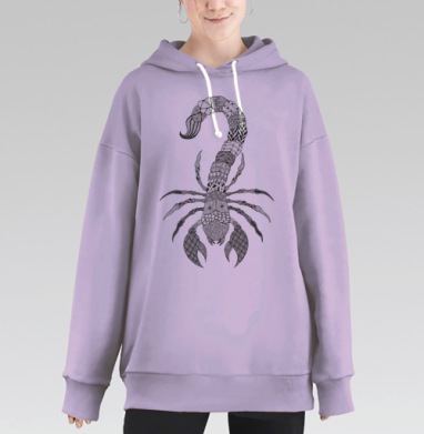 Графический рисунок скорпиона с узорами медитативный черный и белый, Hoodie Long Oversize Fiolet