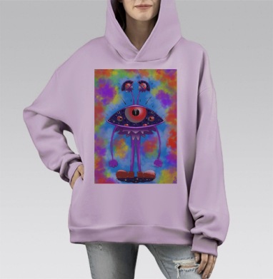 Инопланетный взгляд ярких цветов в фантастическом пространстве, Hoodie Mono Fiolet, оверсайз, утепленная