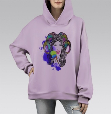 Космическая девушка Овен с мороженым зеленый и синий цвета, Hoodie Mono Fiolet, оверсайз, утепленная