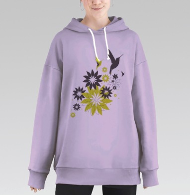 Красивая иллюстрация цветы и птицы летят, Hoodie Long Oversize Fiolet