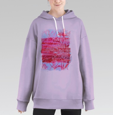 Красно розовый флористический узор на сером фоне, Hoodie Long Oversize Fiolet