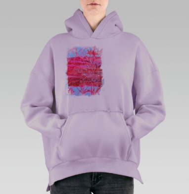 Красно розовый флористический узор на сером фоне, Hoodie Oversize Fiolet, утепленная