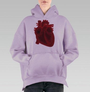 Красное анатомическое сердце с маленьким сердцем внутри черном фоне, Hoodie Oversize Fiolet, утепленная