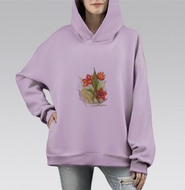Красные цветы на зеленых листьях весенней свежести, Hoodie Mono Fiolet, оверсайз, утепленная